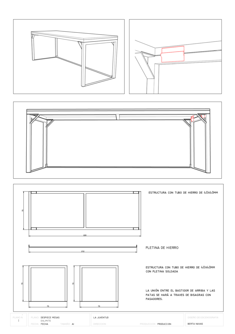 Plano de construcción de mesas utilería teatral de Berta Navas