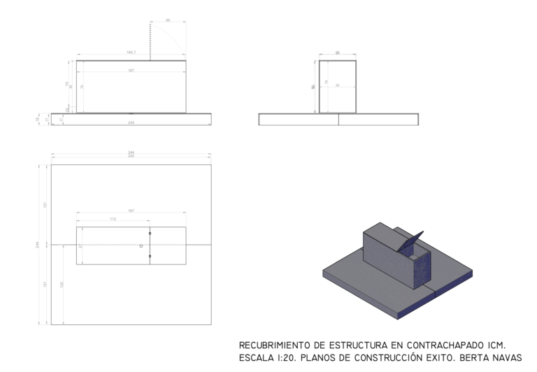 Plano detalles y renderizado de pieza de decorado teatral