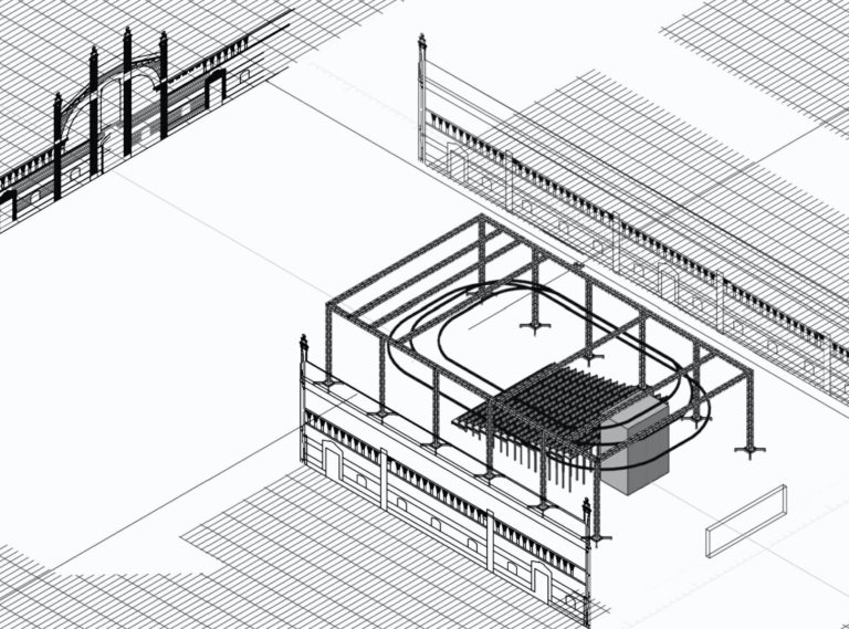 Dibujo 3d de escenografía ficticea en Naves de Matadero Teatro Español